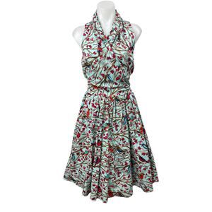 Retrolicious Multicolor Floral Bird Print Halter Sleeveless Mini A-line Dress L